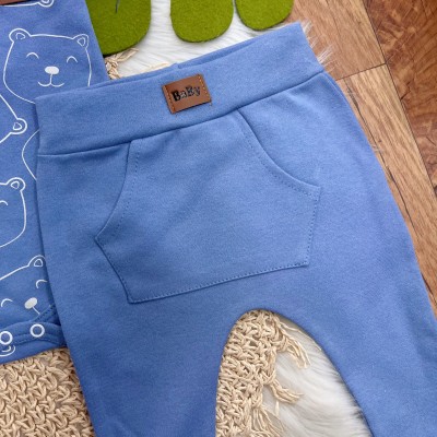 Conj. de Malha 3 peças - Bear Fofinho com Estrelinhas - Azul e Off White